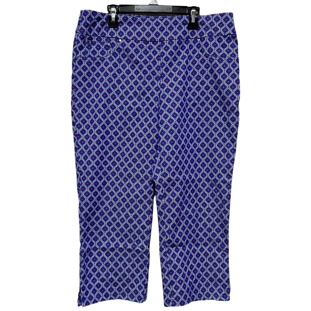 Ruby Rd Women's Stretch Geo Print Elastic Waist Cropped Capri Pants Blue Size 10